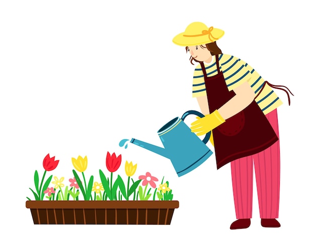 Ilustração vetorial de jardineiro feliz regando um canteiro de flores