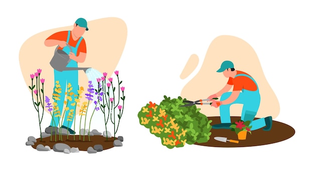 Ilustração vetorial de jardineiros Cena de desenho animado com jardineiros que regam flores, plantam e cortam arbustos com fundo branco