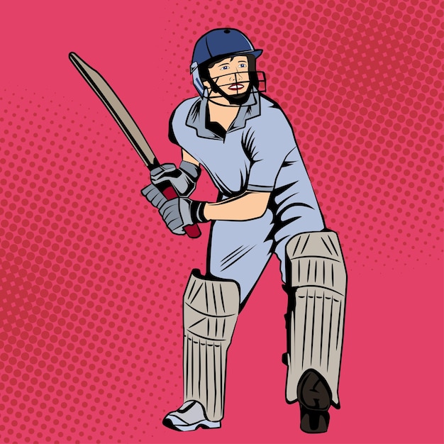 Ilustração vetorial de jogador de críquete em quadrinhos pop art