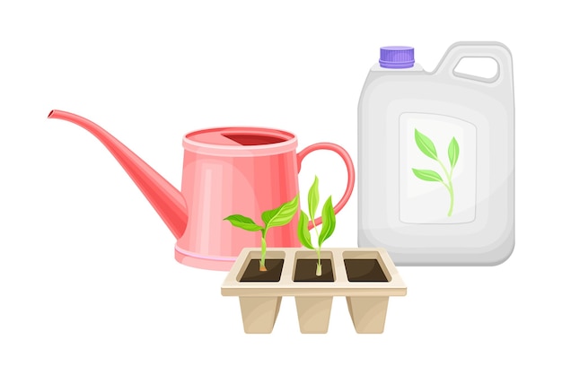 Ilustração vetorial de latas com fertilizante sintético para o crescimento do solo e das plantas e para a irrigação de latas