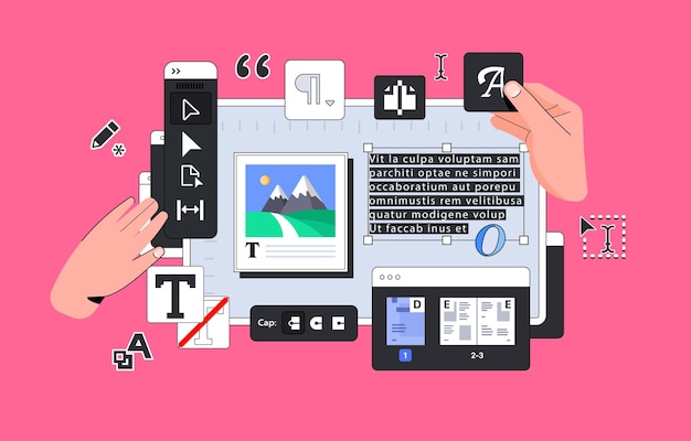 Ilustração vetorial de layout tipográfico com ferramentas manuais para layout e publicação de páginas