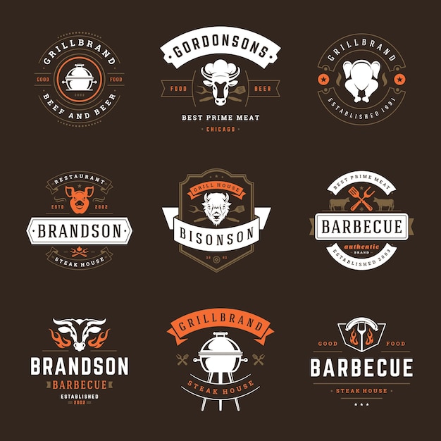 Vetor ilustração vetorial de logos e insígnias de restaurantes de churrasco