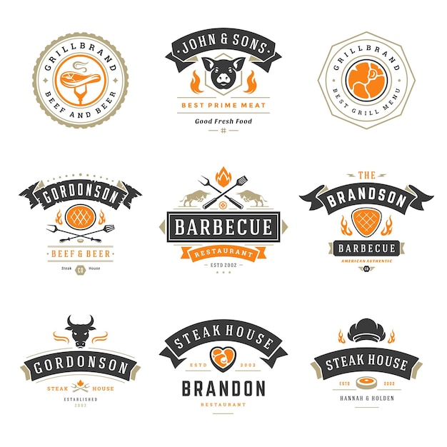 Vetor ilustração vetorial de logos e insígnias de restaurantes de churrasco