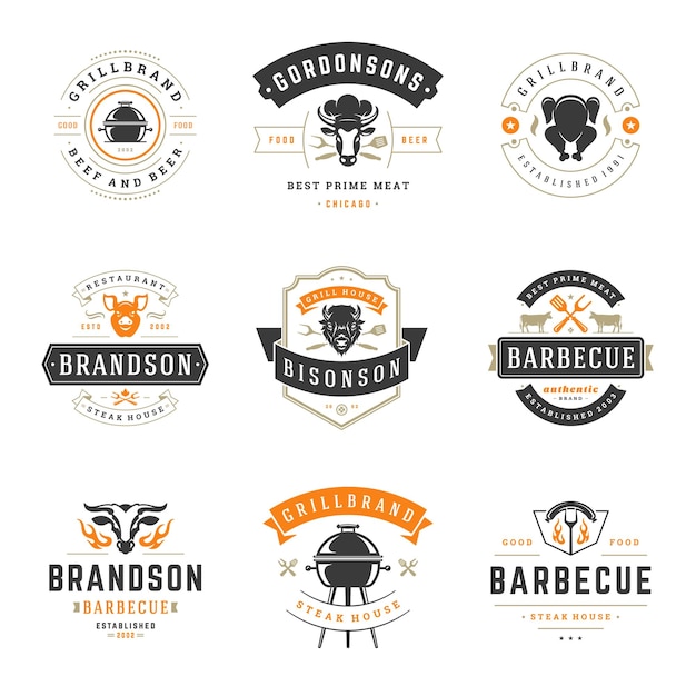 Vetor ilustração vetorial de logos e insígnias de restaurantes de churrasco