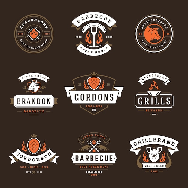 Vetor ilustração vetorial de logos e insígnias de restaurantes de churrasco