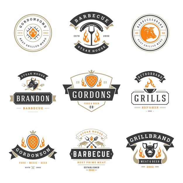 Vetor ilustração vetorial de logos e insígnias de restaurantes de churrasco