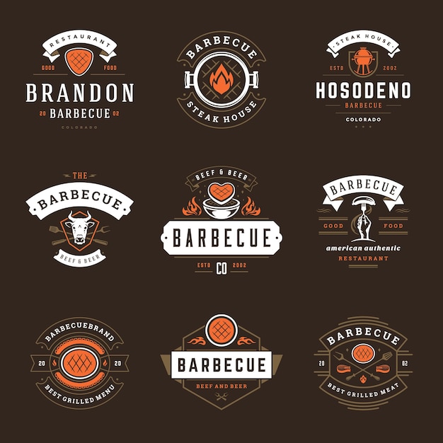 Vetor ilustração vetorial de logos e insígnias de restaurantes de churrasco