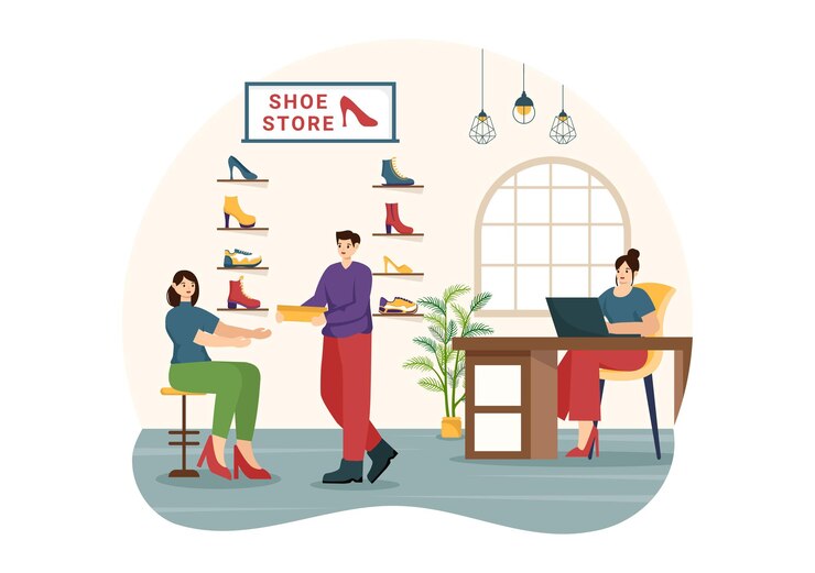Vetor ilustração vetorial de loja de sapatos com nova coleção homens ou mulheres vários modelos ou cores de tênis
