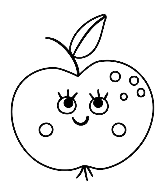 Ilustração vetorial de maçã kawaii em preto e branco contorno de volta ao clipart educacional da escola estilo de contorno bonito fruta sorridente com olhos ícone de linha engraçado para criançasxa