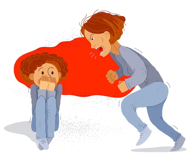 Ilustração vetorial de mãe abusiva, mãe ruim grita e grita no garotinho assustado seu filho, violência doméstica, criança vítima, pai despótico, abuso de violência psicológica.