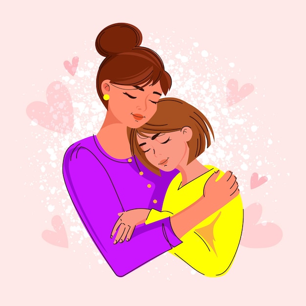 Ilustração vetorial de mãe e filha amorosas abraçadas