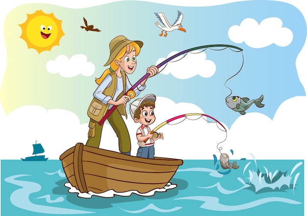 Vetor ilustração vetorial de mãe e filhos pescando