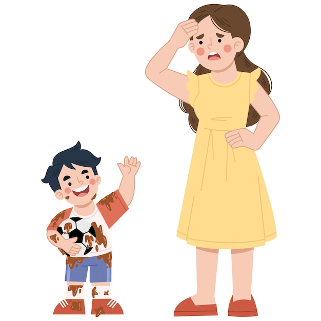 Ilustração vetorial de mãe zangada surpreendida por filhos roupas sujas
