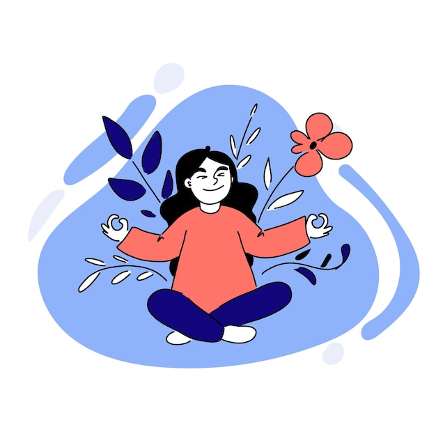 Ilustração vetorial de menina meditando posição de lótus meditação mindfulness yoga zen paz unidade com natureza flor tranquilidade chakras conceito de saúde mental cores pastel azuis e rosa