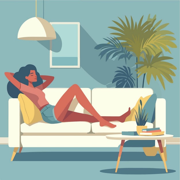 Vetor ilustração vetorial de menina relaxando no sofá em estilo de design plano