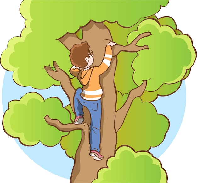 Vetor ilustração vetorial de menino de escalada em árvore