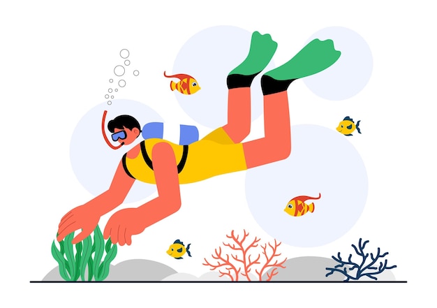 Ilustração vetorial de mergulho esportivo com equipamento de natação subaquática para explorar recifes de corais, flora e fauna marinhas e vida marinha no oceano