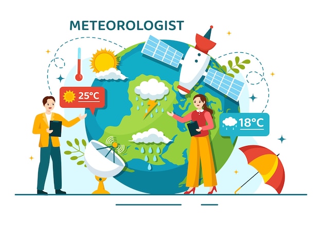 Ilustração vetorial de meteorologista com previsão do tempo e mapa de precipitação atmosférica em desenho animado