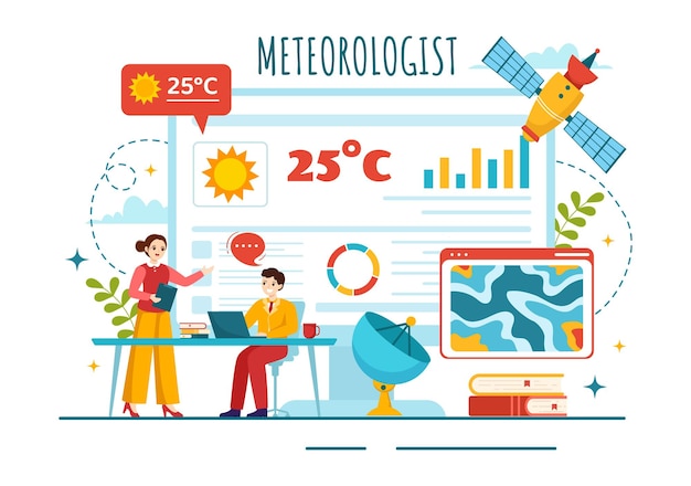 Ilustração vetorial de meteorologista com previsão do tempo e mapa de precipitação atmosférica em desenho animado