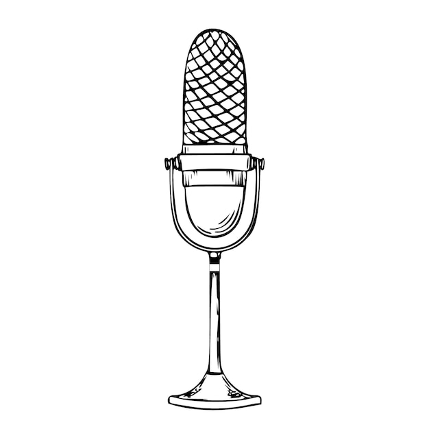 Ilustração vetorial de microfone desenho de item musical para canto ou fala esboço desenhado à mão em estilo doodle microfone retro para ícone ou logotipo milha vintage pintada com tintas pretas arte de linha simples