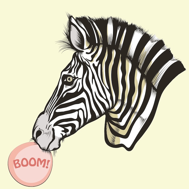 Vetor ilustração vetorial de moda com zebra inflando goma de mascar rosa estilo hipster