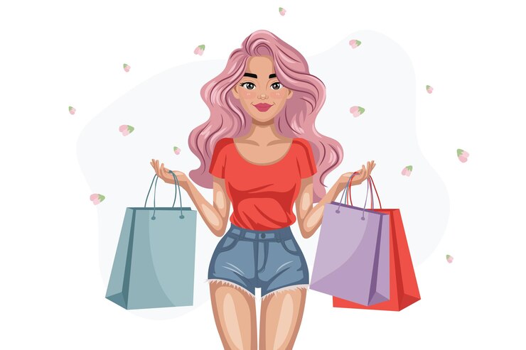 Vetor ilustração vetorial de moda de uma mulher de cabelo rosa carregando sacos de compras