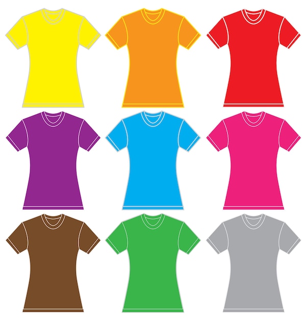 Ilustração vetorial de modelo de camisa feminina em muitas cores isoladas em branco