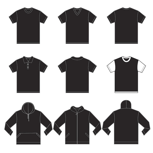 Ilustração vetorial de modelo de camisas pretas em muitas variações de design frontal e traseiro