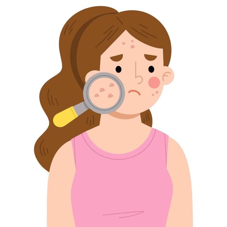 Vetor ilustração vetorial de mulher com problemas de acne na pele facial