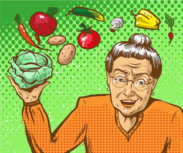 Vetor ilustração vetorial de mulher idosa segurando uma cabeça de repolho em sua mão avó e vegetais para cozinhar em estilo cômico de arte pop retro