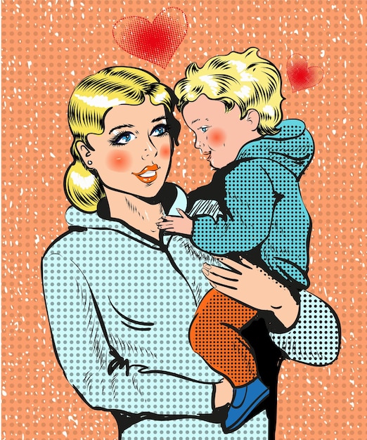 Vetor ilustração vetorial de mulher jovem e mãe amorosa segurando seu filho modelo de cartão de saudação do dia das mães em estilo cômico de arte pop retro