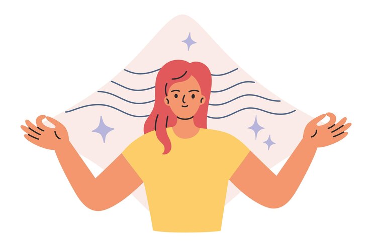 Vetor ilustração vetorial de mulher pacífica com rosto sereno e mãos estendidas em postura meditativa