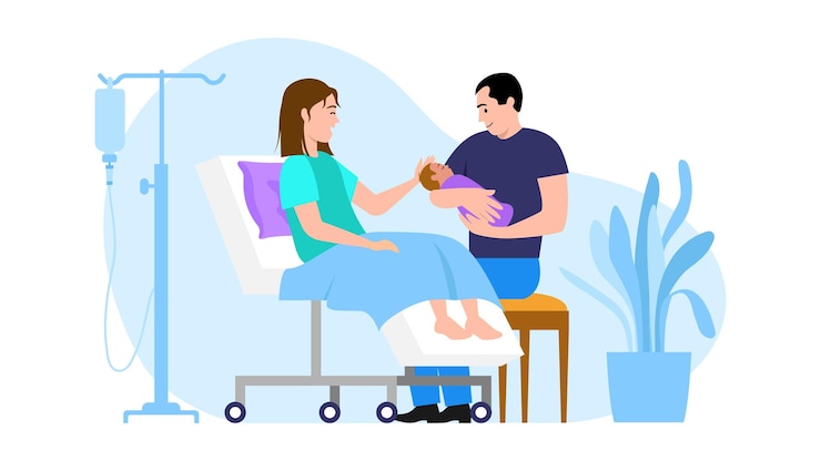 Vetor ilustração vetorial de mulheres após o parto cena de desenho animado com uma mãe alegre que deu à luz o filho e o pai que o segura fundo branco