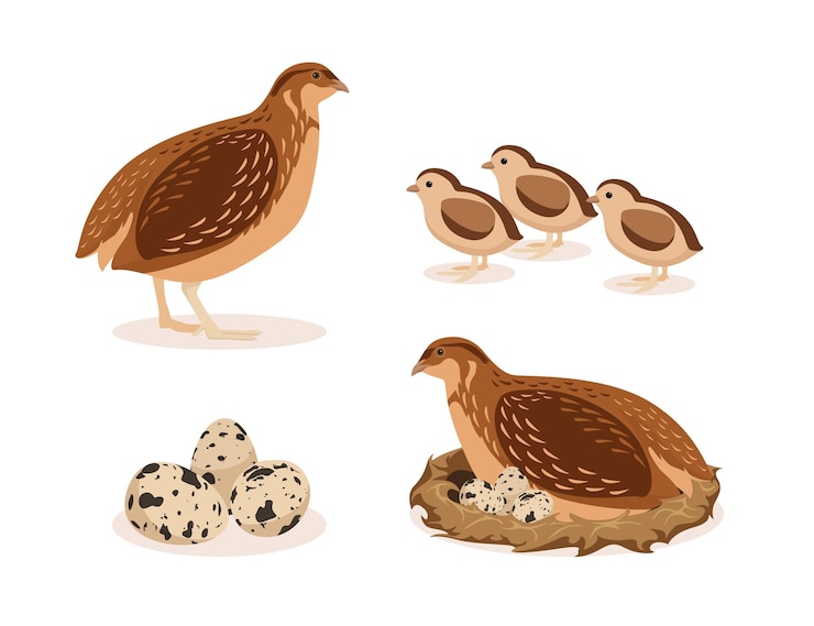 Vetor ilustração vetorial de ninho de filhotes de codorniz marrom em casa com ovos em fundo branco fazenda de aves com produtos naturais em estilo de desenho animado