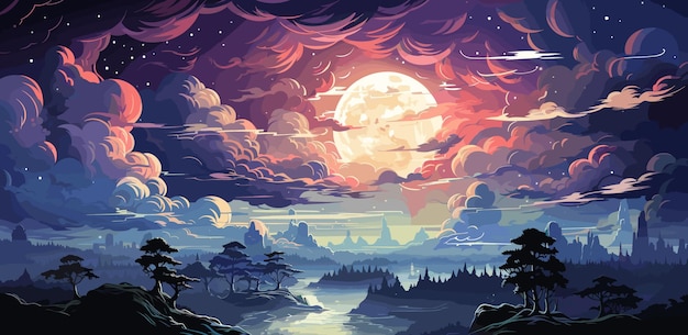 Vetor ilustração vetorial de nuvens cumulonimbus à noite com um fundo de noite estrelada e uma grande lua cheia vetor plano cores brilhantes