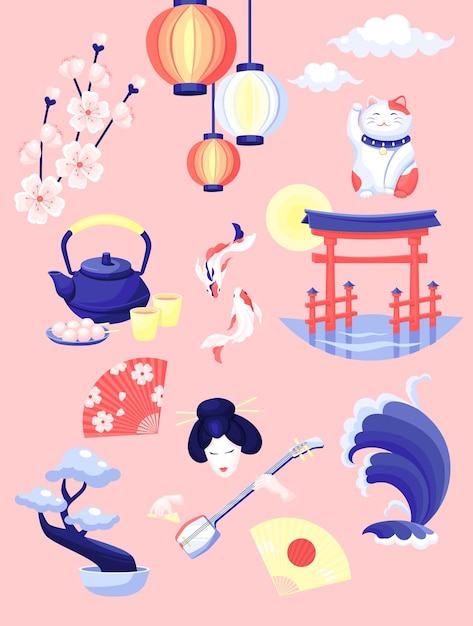 Ilustração vetorial de objetos culturais japoneses