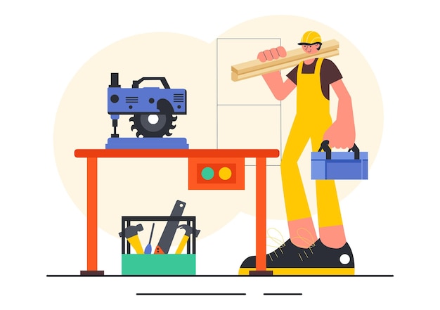 Ilustração vetorial de oficina de carpintaria com madeira DIY tábuas de madeira fabricação de móveis e um artesão trabalhando com madeira em fundo