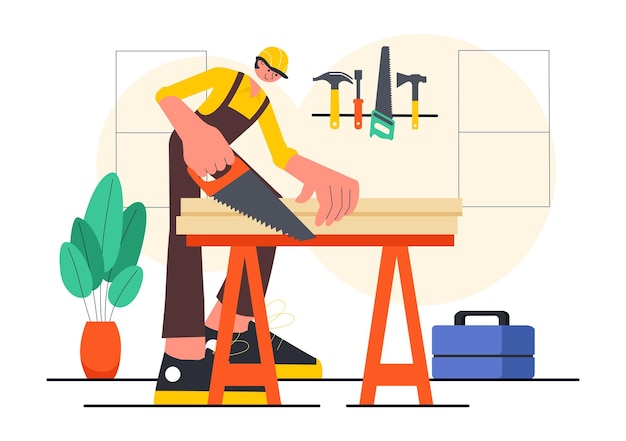 Ilustração vetorial de oficina de carpintaria com madeira DIY tábuas de madeira fabricação de móveis e um artesão trabalhando com madeira em fundo