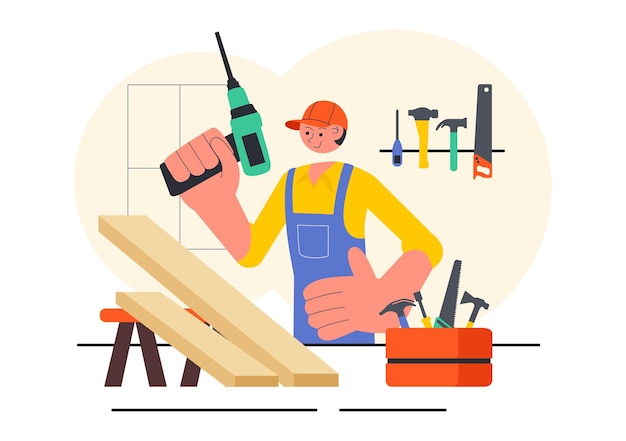 Ilustração vetorial de oficina de carpintaria com madeira DIY tábuas de madeira fabricação de móveis e um artesão trabalhando com madeira em fundo