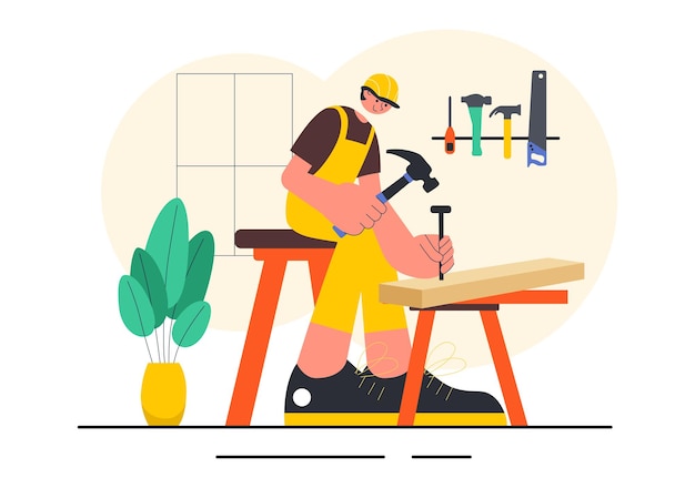 Ilustração vetorial de oficina de carpintaria com madeira DIY tábuas de madeira fabricação de móveis e um artesão trabalhando com madeira em fundo