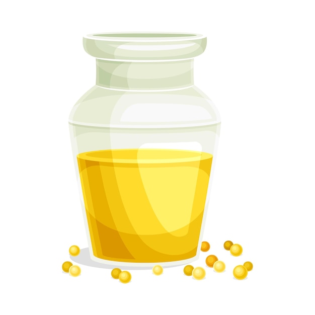 Ilustração vetorial de óleo amarelo de mostarda derramado em frasco de vidro e grãos ou sementes espalhados