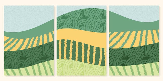 Ilustração vetorial de padrão de campo de fazenda de vinhedo abstrata paisagem verde de vinhedo com textura conjunto de cartaz de vale de videira fundo vintage de viticultura cartão ecológico