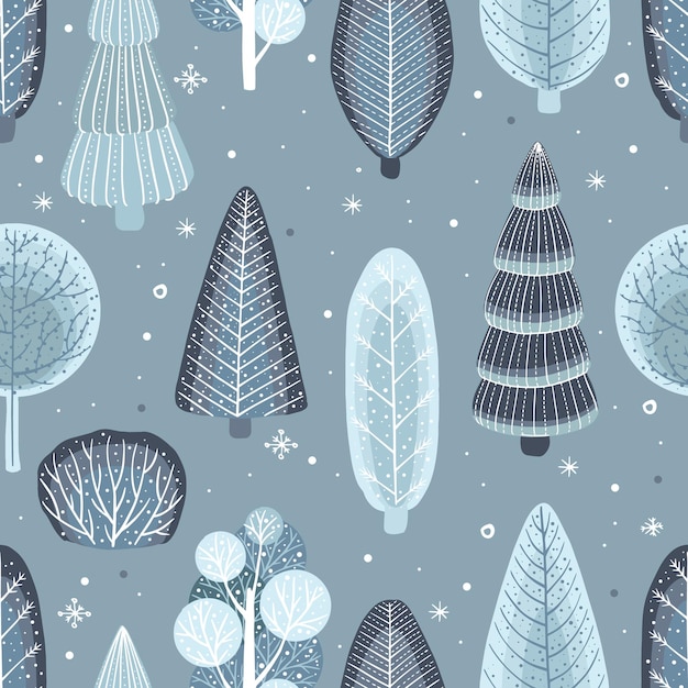 Ilustração vetorial de padrão sem costura com árvores e abetos no inverno com neve em estilo cartoon plana