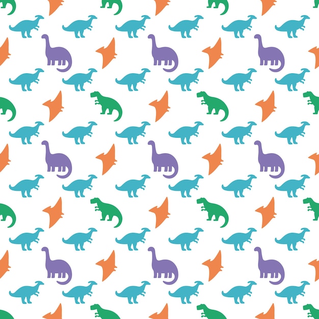 Ilustração vetorial de padrões sem costura de dinossauros coloridos para crianças