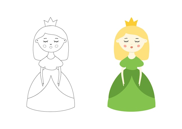 Ilustração vetorial de página de livro de colorir Boneca de princesa colorida desenhada à mão