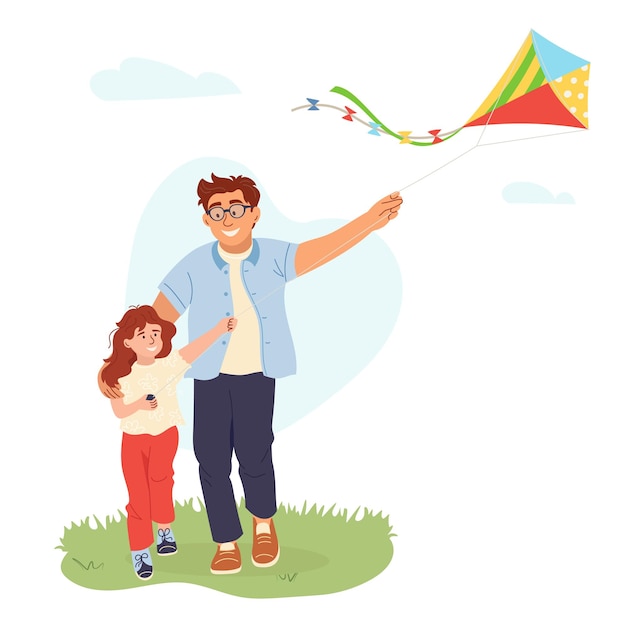 Ilustração vetorial de pai e filha voando papagaio juntos Banner de cartão de atividade ao ar livre da família