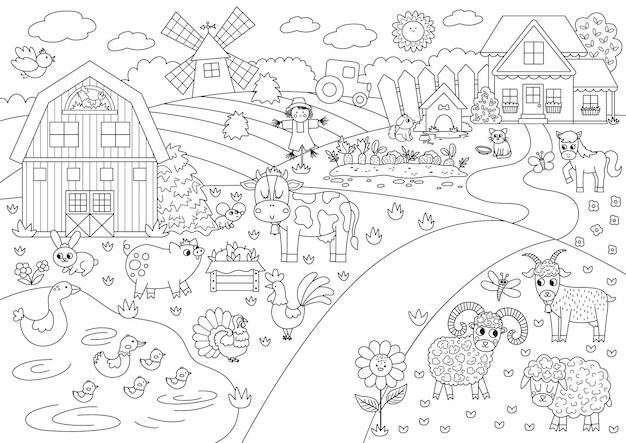 Ilustração vetorial de paisagem de fazenda em preto e branco contorne a cena da vila rural com celeiro de animais fundo bonito da natureza com jardim de prados de lagoa imagem de campo do país ou página para colorir xa