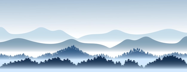 Ilustração vetorial de paisagem de montanha com neblina e floresta