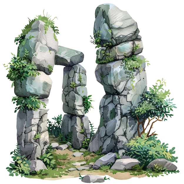 Ilustração vetorial de paisagem florestal em pedra em estilo aquarela