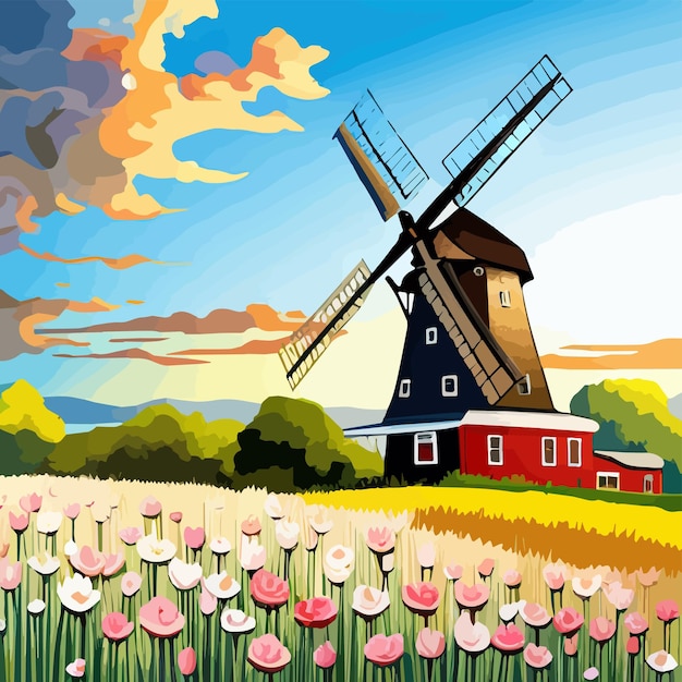 Vetor ilustração vetorial de paisagens com tulipas holandesas e moinhos de vento para cartazes de design e saudações